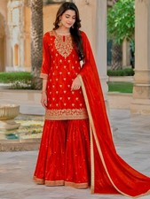 Women's Orange Readymade GMY Silk Sharara Suit Heavy Embroidery Sequins Work