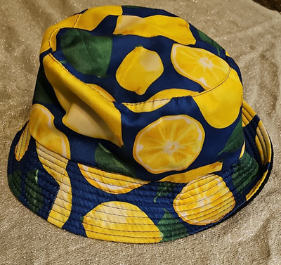 Blue Yellow Green Lemon Fruit Print Bucket Hat Unisex Adults One Size Tropical