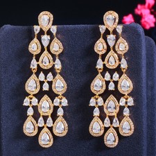 Gold Plated Long Teardrop Chandelier Drop Earrings Zirconia Wedding Jewelry Gift