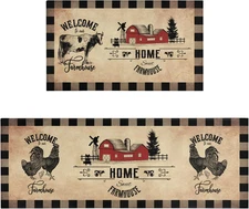 Farmhouse Kitchen Rugs Sets of 2 Decor Brown Country Rustic Cow Rooster Kitchen