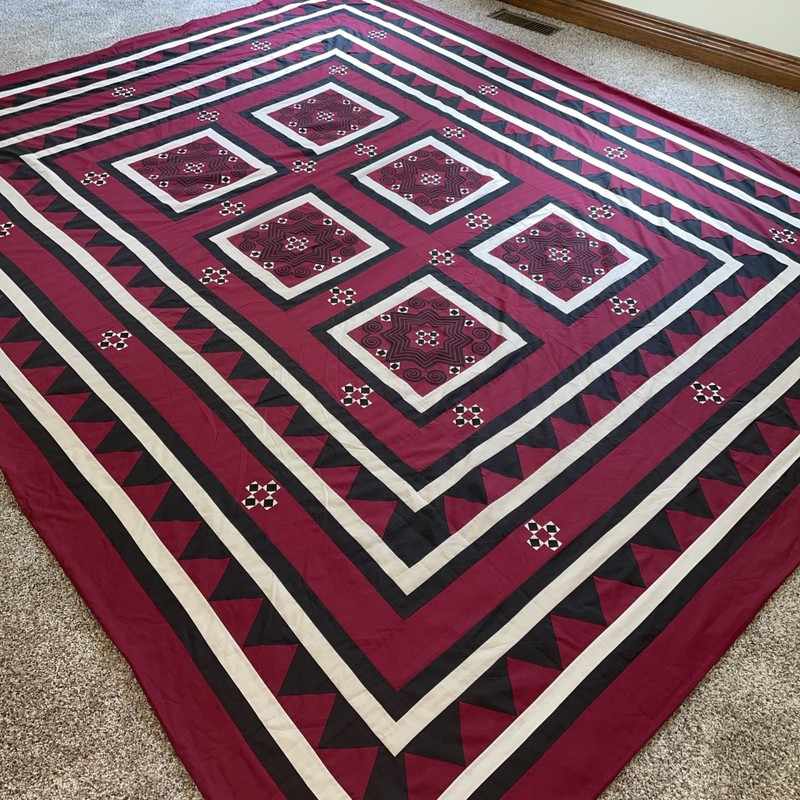 Vintage Reverse Applique Hand Quilted Quilt Topper in Burgundy, Black and White