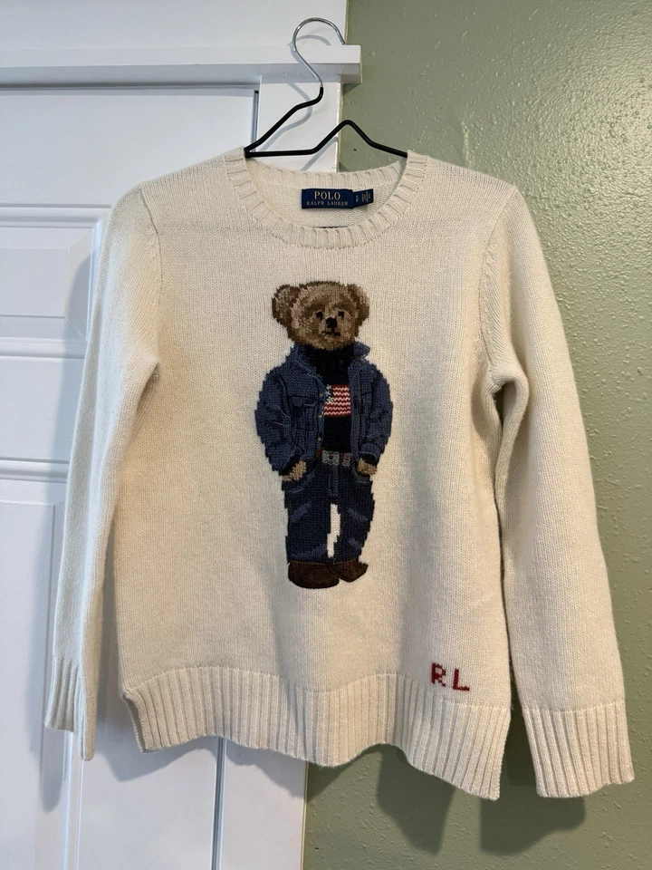 Suéter de lana raro Ralph Lauren Polo Bear. Pequeño oso bordado marfil con punto Foto 2 de 4