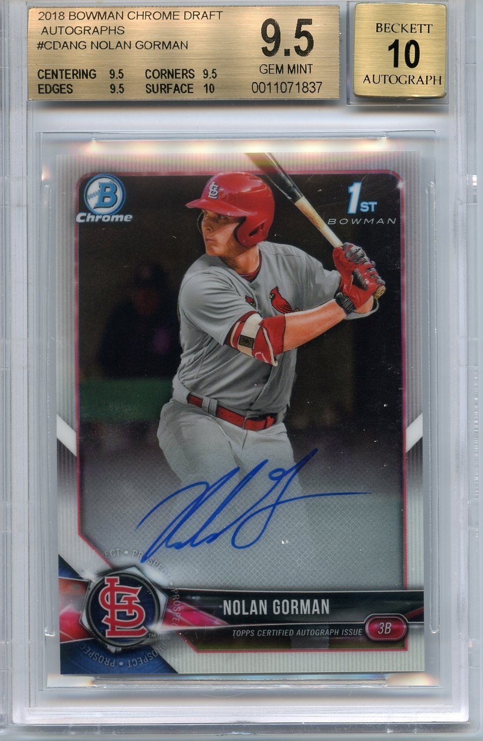 2018 Bowman Chrome Draft Auto #CDA-NG Nolan Gorman - BGS 9.5/10 - True Gem +