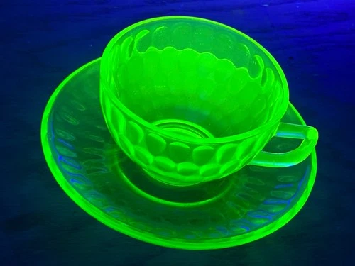 Vintage Federal Glass Thumbprint Uranium Glass Cup and Saucer Set - GVC