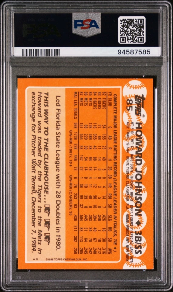 PSA 9 1988 Topps Tiffany #85 Howard Johnson NEW HOLDER! NY Mets Tigers 94587585 - Image 2 of 3