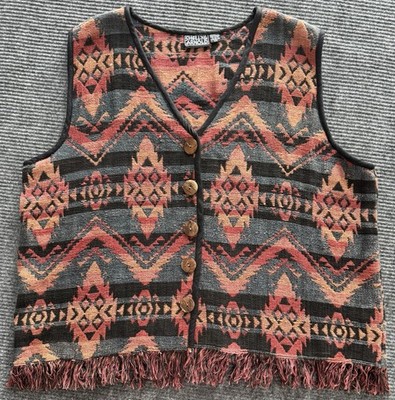 Vintage Shelly & Arnold 2X Southwestern Tapestry Frayed Fringe Aztec Vest Boho