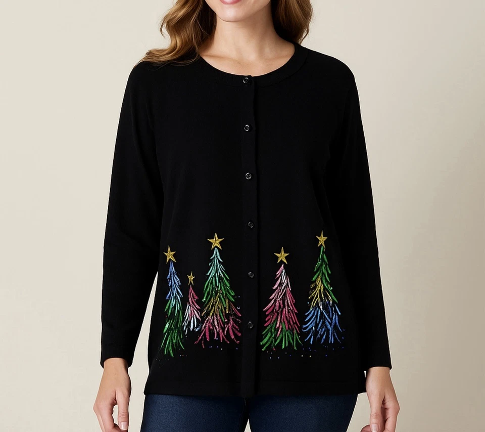 Quacker Factory Christmas Tree Cardigan L Black Sequin Embellished Holiday Cozy - Image 3 of 4