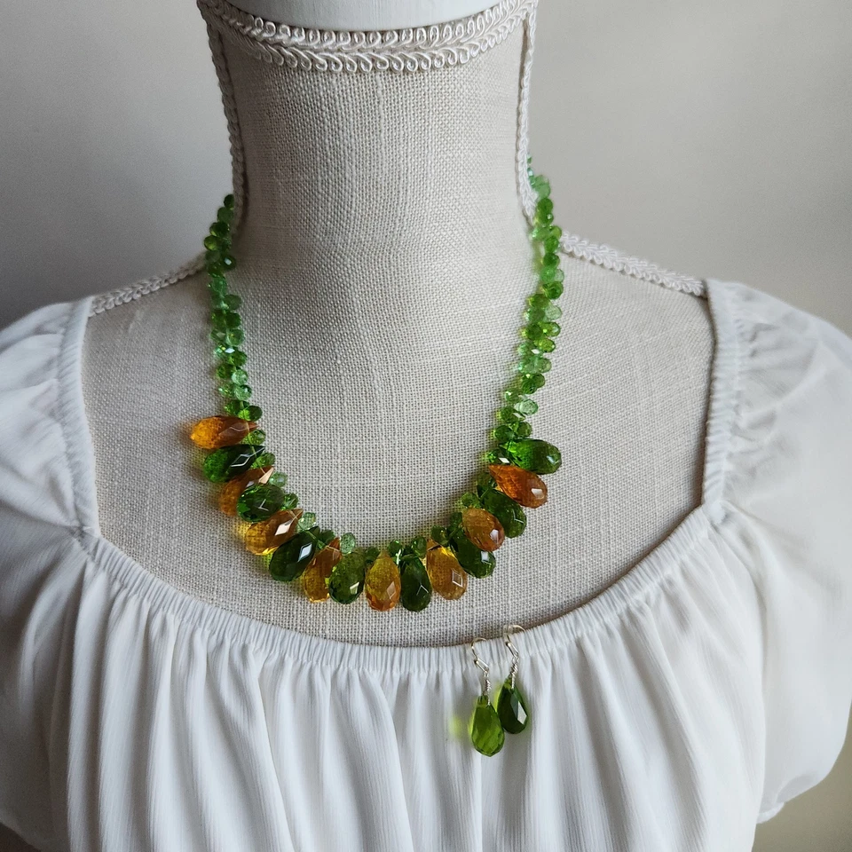 纯银绿色和琥珀水晶泪珠项链带匹配耳环 17 — 第 2/4 张图片