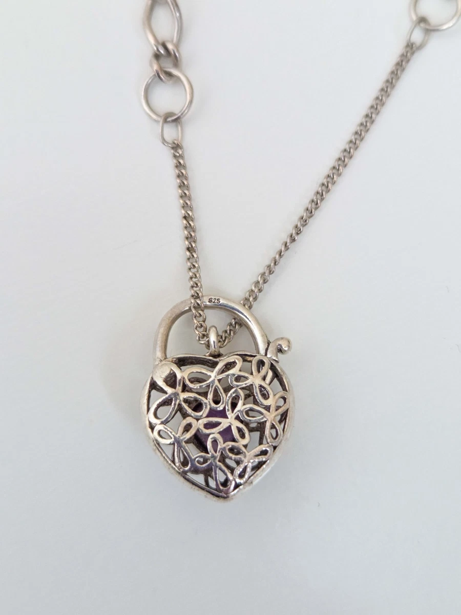 Sterling Silver 925 Heart Padlock Bracelet – Genuine Amethyst
