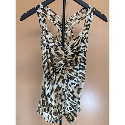 Cache Leopard Print Metallic Gold Ruched Cage Back Tank Top XS Animal Print
