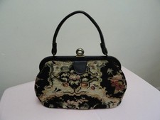 Vintage Mid Century Modern Tapestry Needlepoint Lady Handbag Floral Design Black