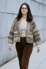 Handmade Chunky Granny Crochet Cardigan Sweater Sz M Neutral Retro Grunge Indie