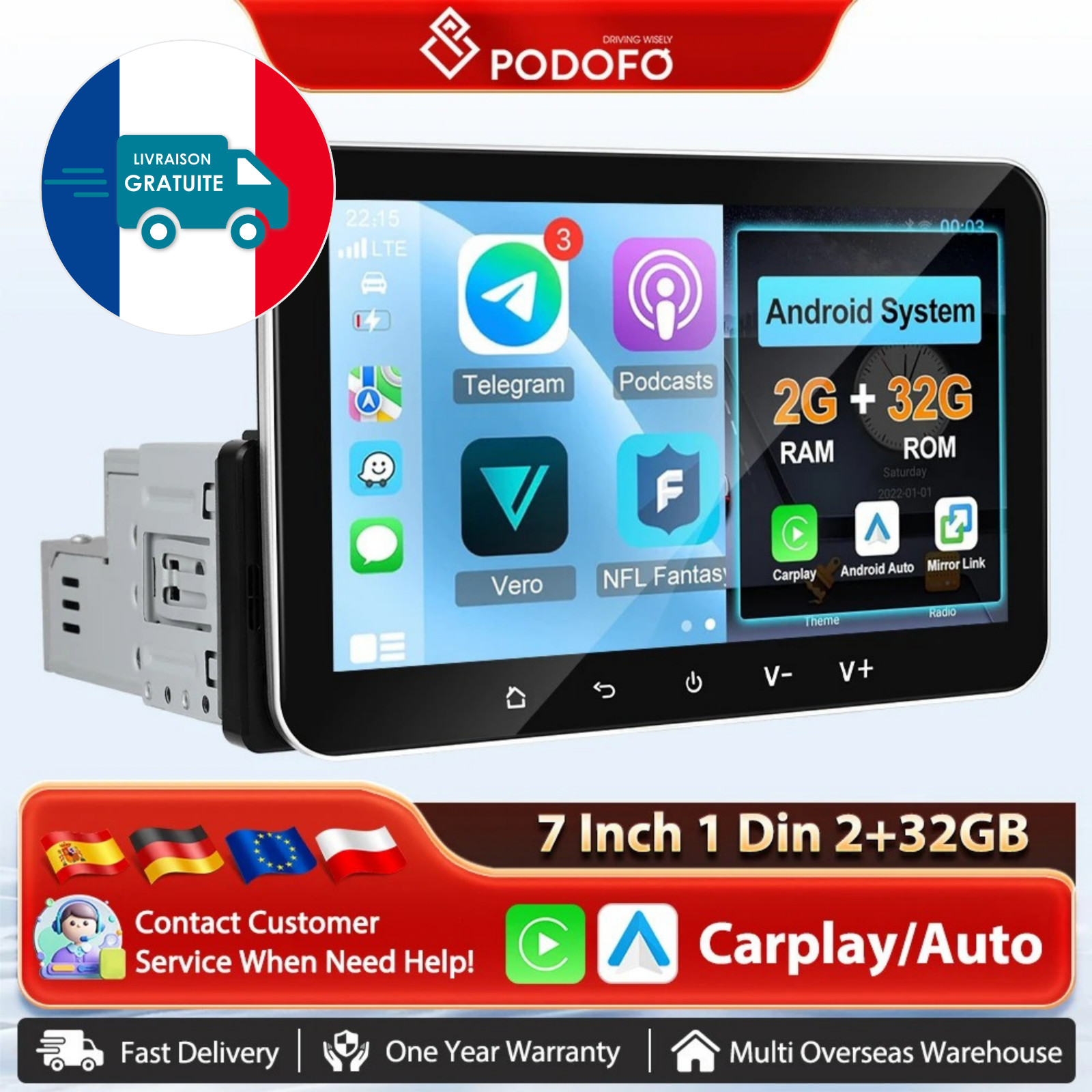 Autoradio GPS Android 1Din avec Carplay pour voyager en musique et sécurité