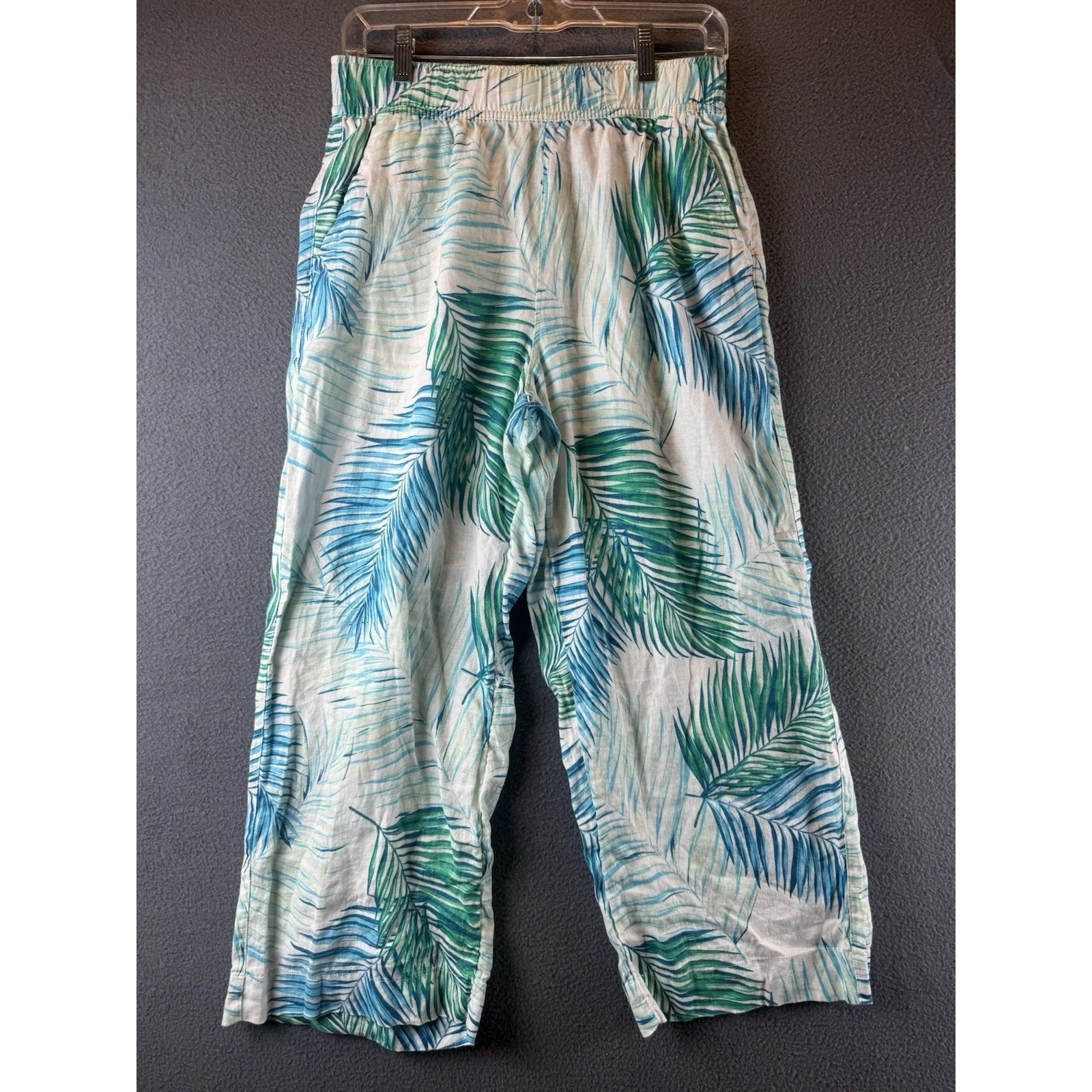 Tahari Linen Pants Womens Small Blue White Casual Tropical Beach Coastal Aloha