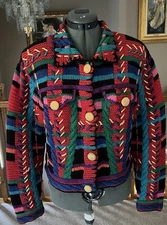 Michael Simon M L Sweater Cardigan Plaid Crochet Accents Christmas Red