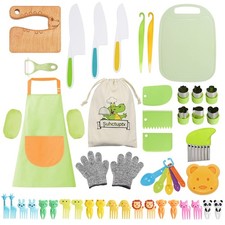 50PCS Kids Kitchen Cooking Set - Crocodile Wooden Kid Safe Knife Cutting Boar