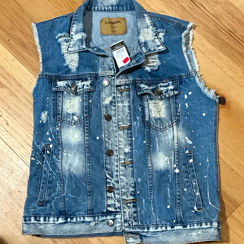 Carbon Mens L Blue Distressed Denim Vest Jacket Button Front Pockets Collared - product listing photo