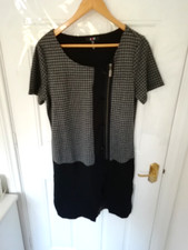 Yest Size 14 Black Grey Dogtooth Shift Dress Zip Button Detail Stretchy Ladies