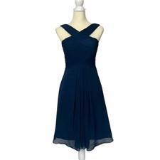 Azazie Navy Blue Chiffon Formal Prom Bridesmaid Dress Cross Back Pleated A-Line
