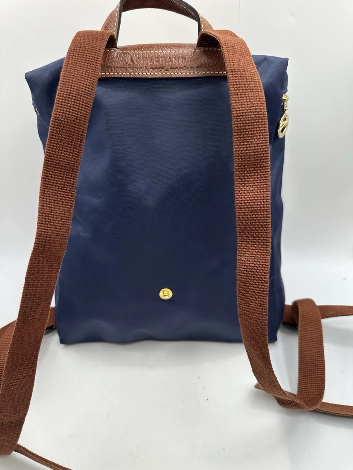 Longchamp Le Pliage Navy Blue Nylon Brown Leather Trim Backpack - Image 3 of 4