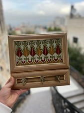 Wooden Wall Key Holder Rack Cross Stitch Embroidery 3 Metal Hooks Vintage Style