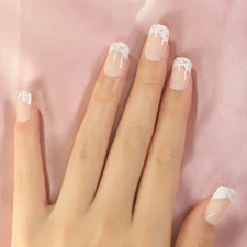 Natural Nude Pink White French Nails Press on False Nails Silver Glitter Line...