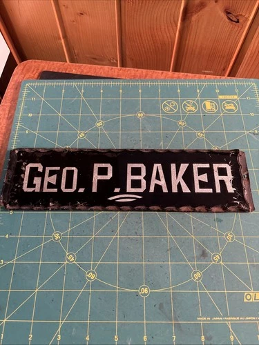 Antique 3x11” Tin Backed Scalloped Edge Reverse Painted Glass Sign - Geo P Baker