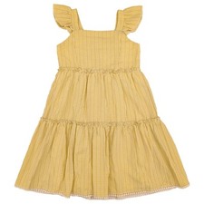 Girls Long Tiered Yellow Shimmer Ruffle Sleeve Lined Spring Summer Dress