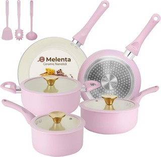 NEW M MELENTA HC3302 11 Piece Granite Die Cast Non Stick Pan Set In Pink Z03