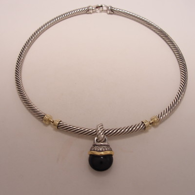David Yurman 14K & Silber 5 mm Kabel Halskette Onyx Diamant Anhänger