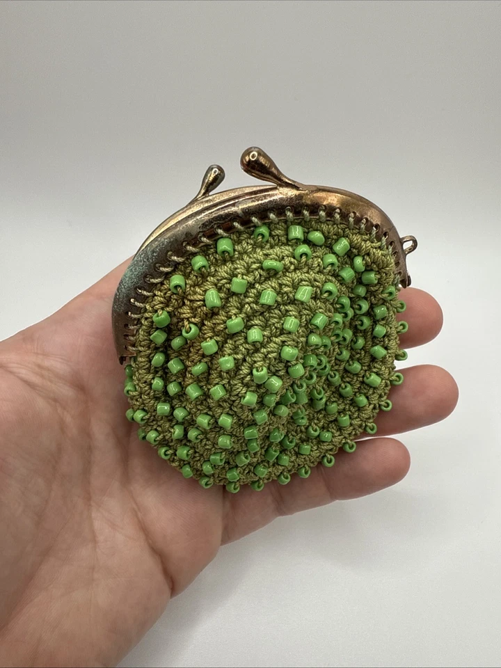 Monedero vintage hecho a mano tejido con cuentas mini bloqueo de beso Foto 3 de 4