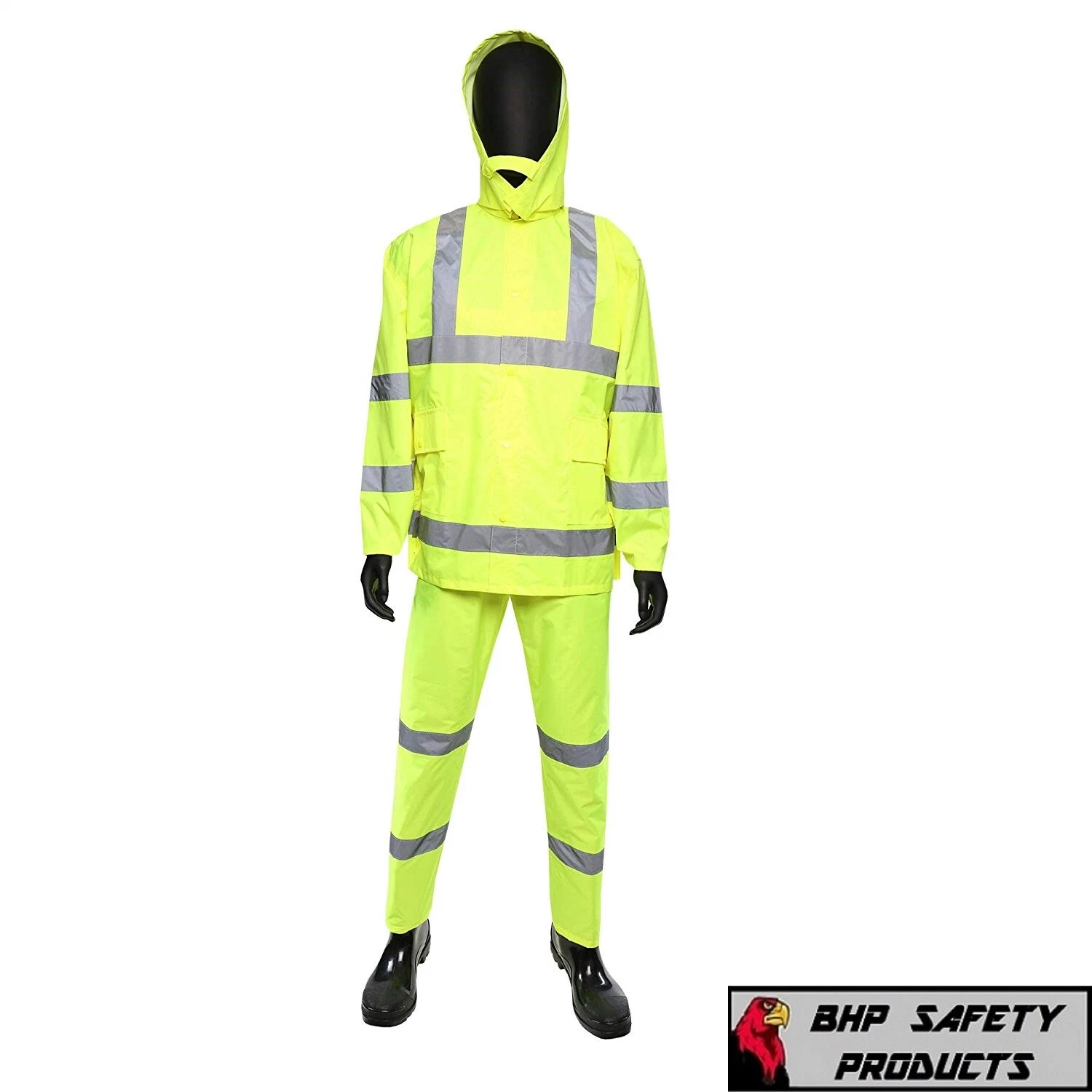 Hi-Vis Lime Class 3 Safety Rain Suit Reflective Rain Jacket w Hood and Overalls