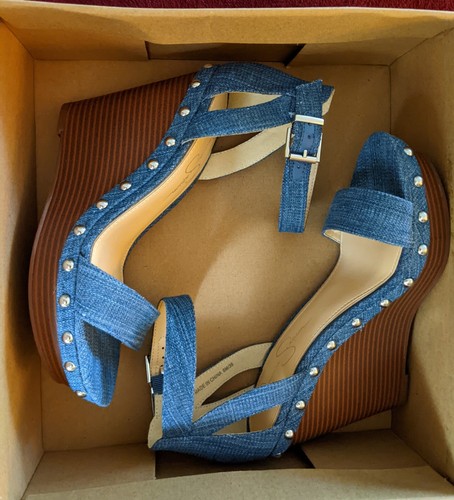 Jessica Simpson Jaylow Blue Denim Stud Ankle Strap Wedge Platform Sandals. 8M. - Picture 10 of 12