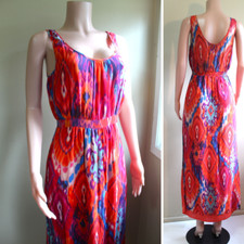 Silk Boho Maxi Dress 10 M Crepe Sleeveless Tiki Ikat Red Purple Pink Warehouse