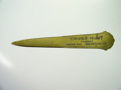Edwin H. Sharpe - Florist - Early Frederick Md Brass Letter Opener Phone 485 