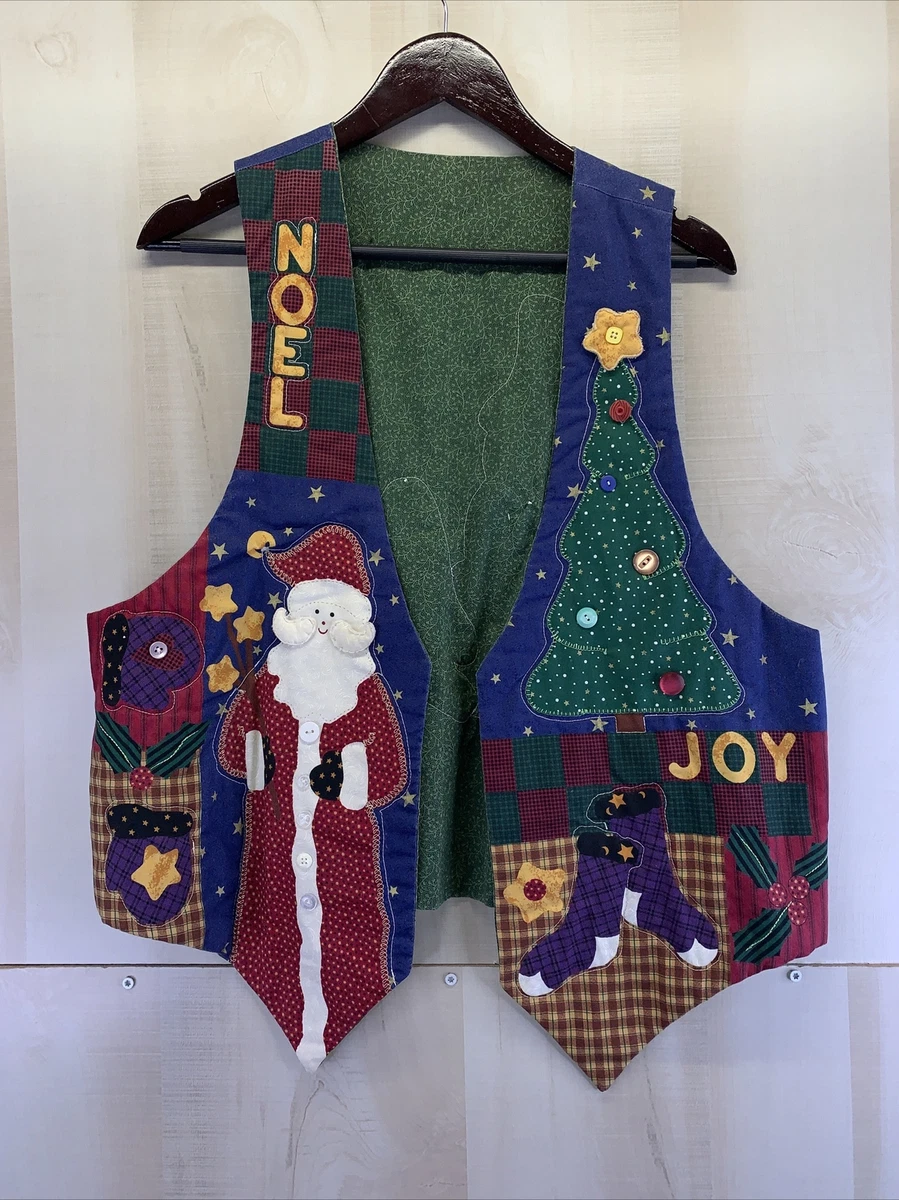 Vintage 1980-90s Handmade Quilted Christmas Vest Ugly Christmas Sweater Grandma