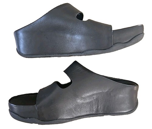 FitFlop Women's SHUV Two-BAR Leather Slides Platform Sandals Stone Black Size 6 - Picture 3 of 5
