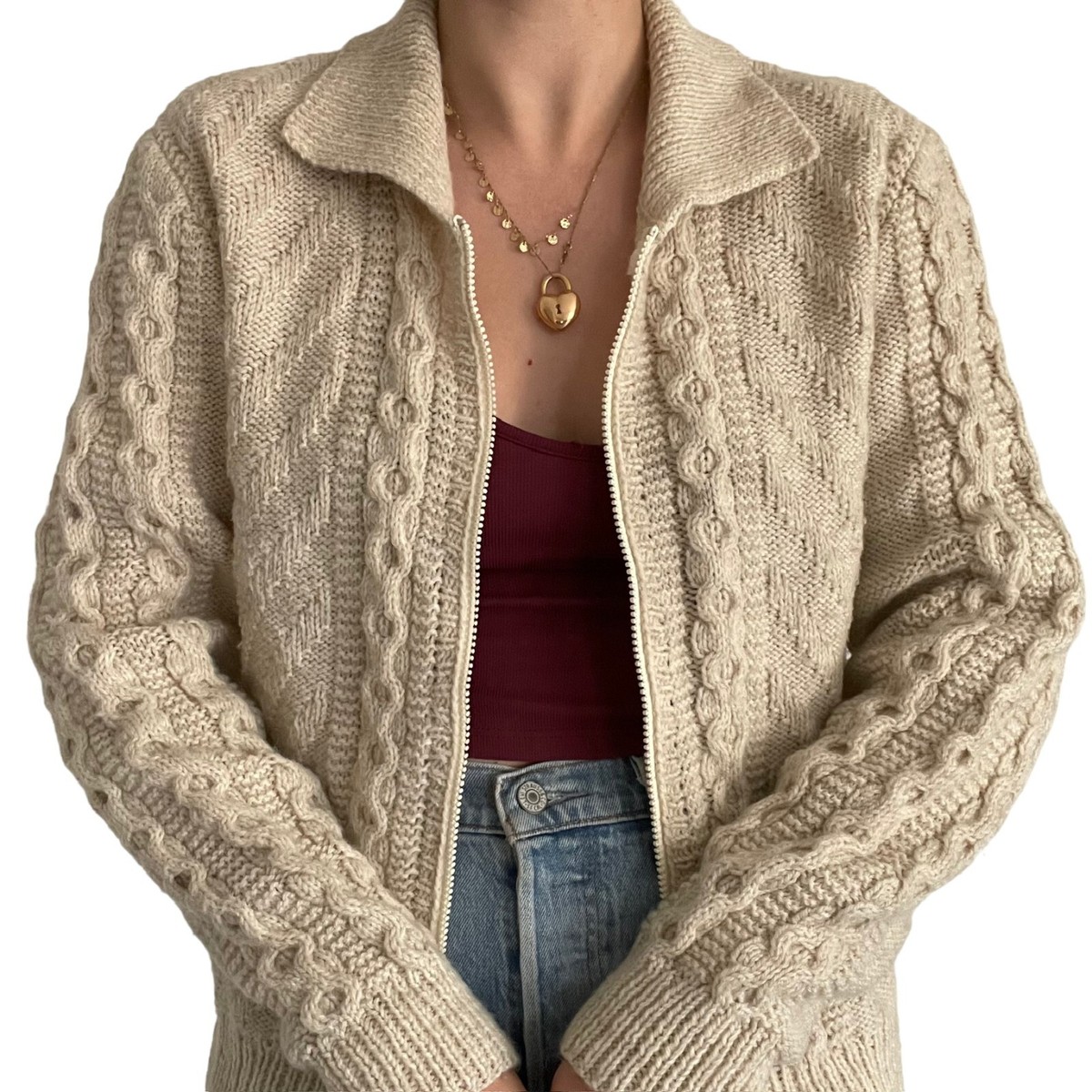 ◎ Vintage wool 100% Fisherman knit cream VINTAGE CLASSIC CREAM 100% WOOL HAND MADE FISHERMAN KNIT