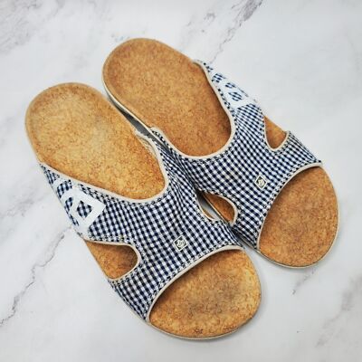 Spenco Kholo Blue Gingham Print Cork Orthotic Slide Sandals