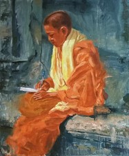 Dipinto olio originale monaco cambogia incorniciato 60x50 cm