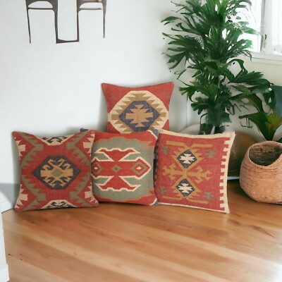 4 Set Vintage Cushion Cover 18'' Handmade Square Pillows Turkish Aztec Kilim