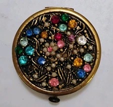 1930s Dorset Round Compact Encrusted w/ Rhinestones & Pearl Flowers Vintage