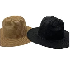 Lot of 2 Hats Black & Natural Color Adjusting String Sun Hats One Size Paper