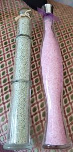 (2) BATH SALT DECANTERS, PINK, GREEN