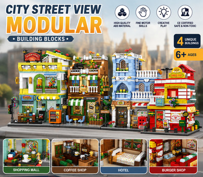   City Street View Modular Building Blocks Mall Hotel Coffee Shop Burger Set