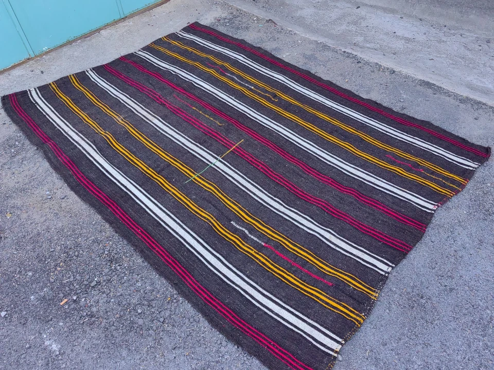 Vintage Turkish Kilim Rug 9x6.4 ft – Handmade Wool Large Tribal Striped Carpet - Image 2 of 4