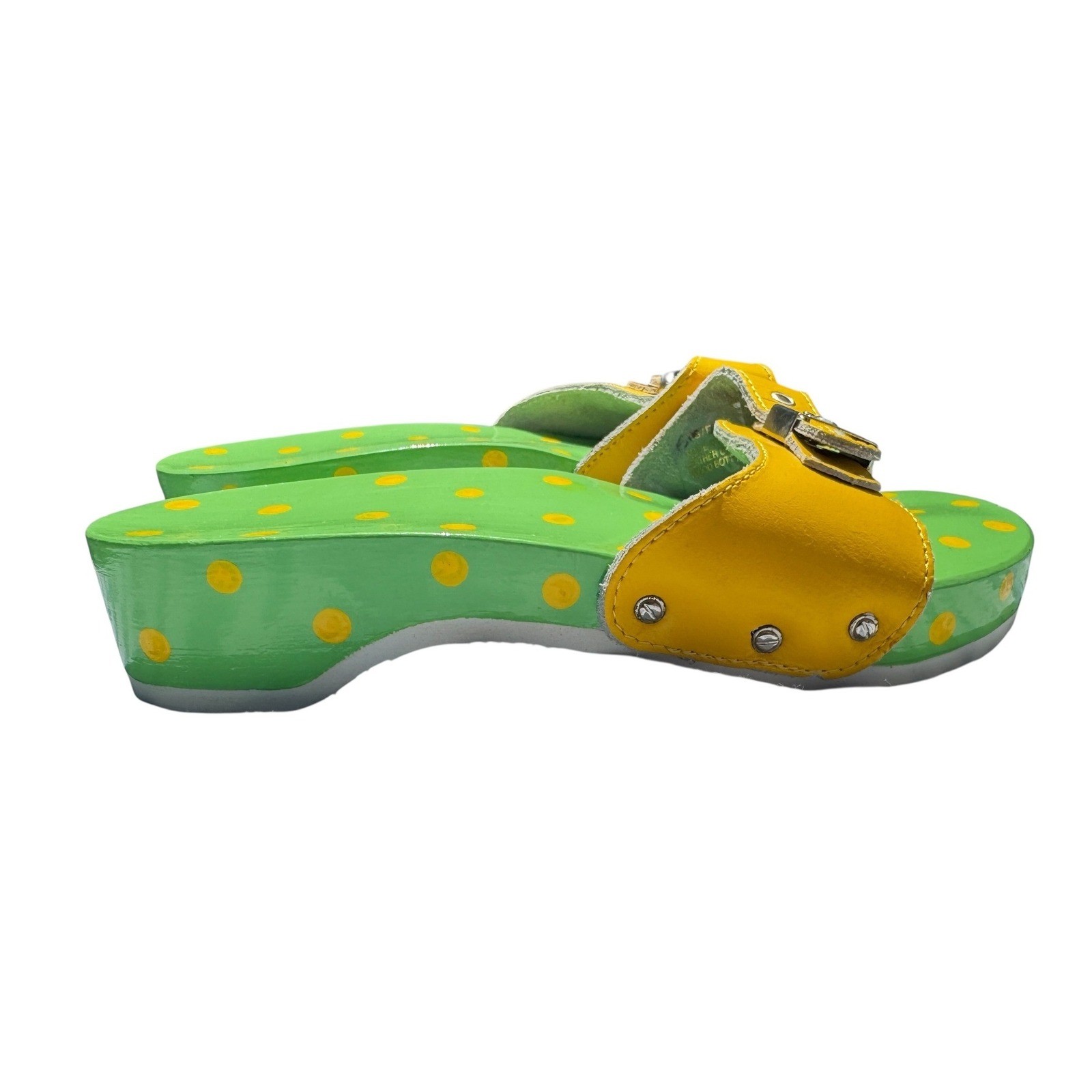 Dr Scholls Original Exercise Sandal Green Yellow Polka Dot Wood Made in Italy 8