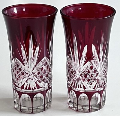 Vintage Bohemian Ruby Red Cut to Clear Crystal Cordial Glasses Pair