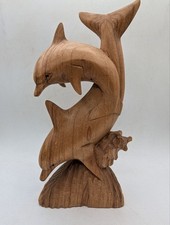 Hand-Carved Wooden Dolphin Sculpture Solid Wood Coastal Nautical D cor 12" EB17