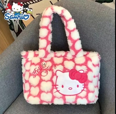Hello Kitty NEW Pink Faux Fur Hearts LARGE Fluffy Shoulder Bag Women Girls